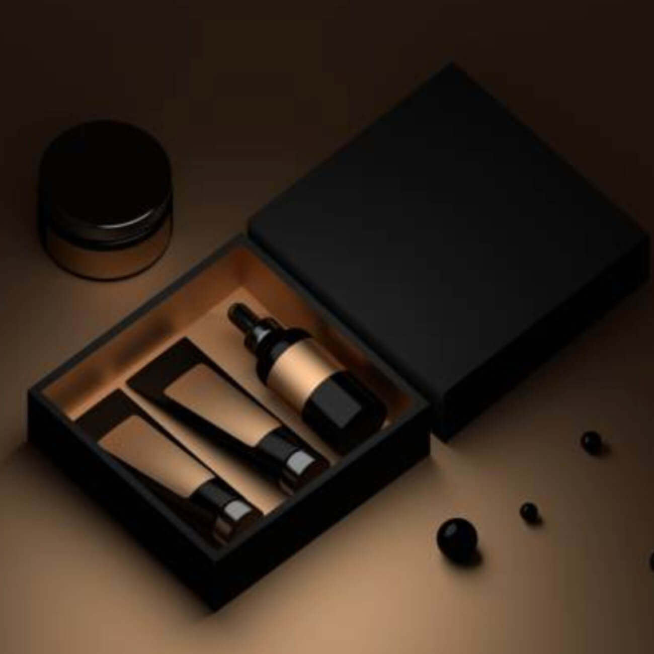 packaging caja negra abierta con productos