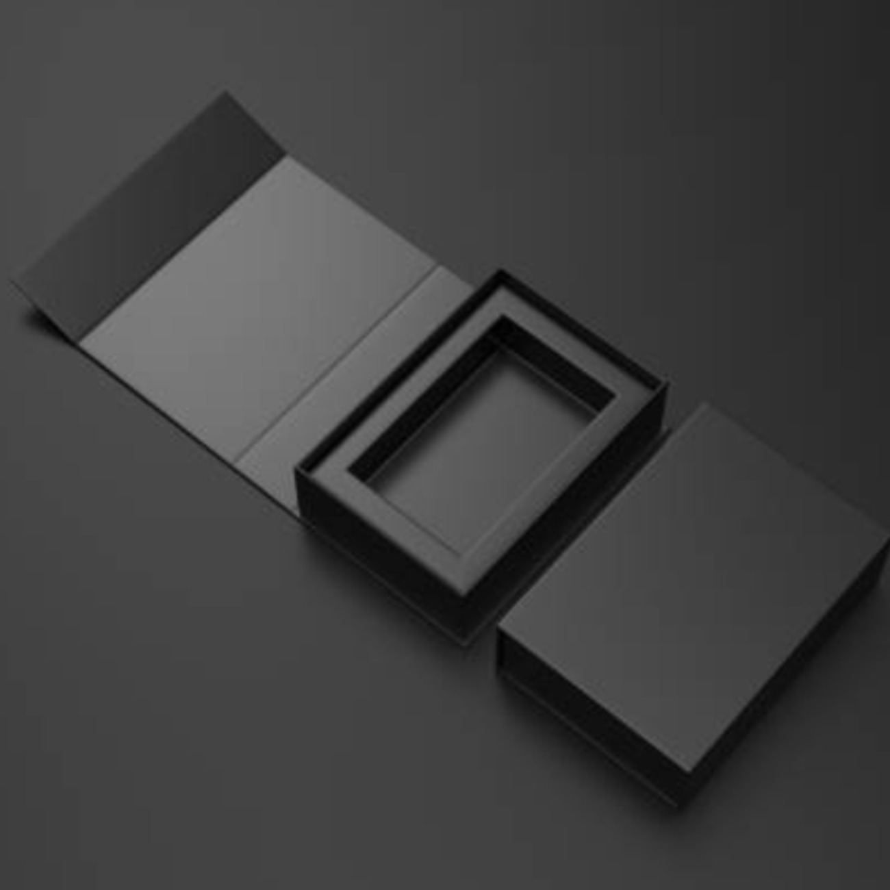 packaging caja negra abierta totalmente